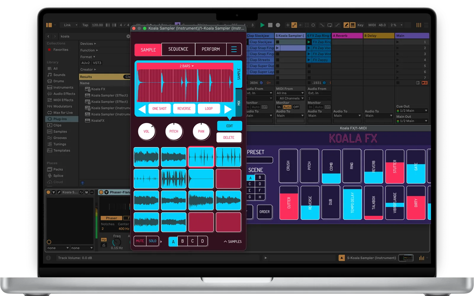 Koala Sampler and Koala FX plugins open in Ableton Live on a MacBook